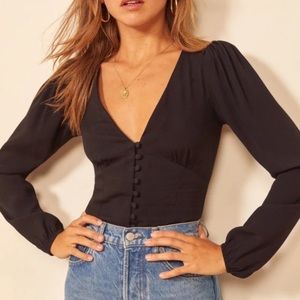Reformation Black V-Neck Button Front Blouse
